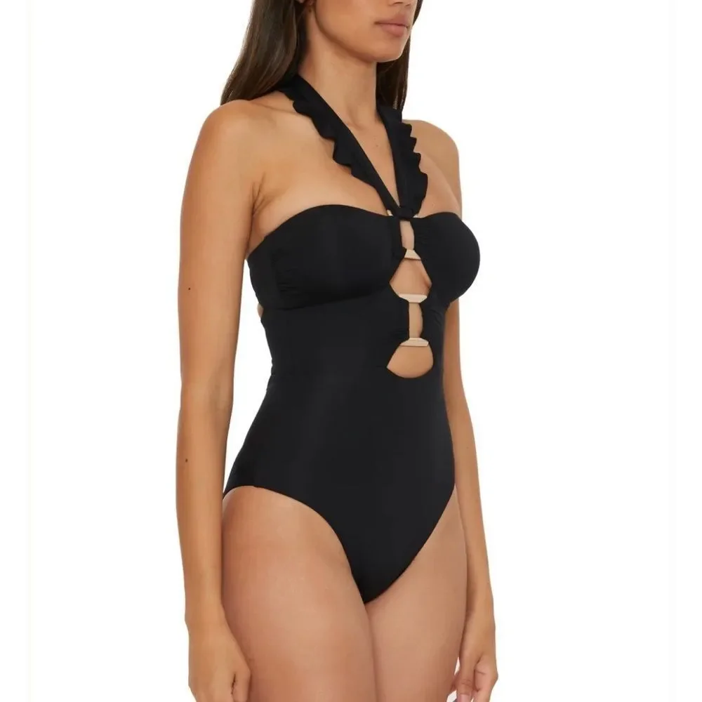 Black Ruffle Halter One-Piece Swimsuit
